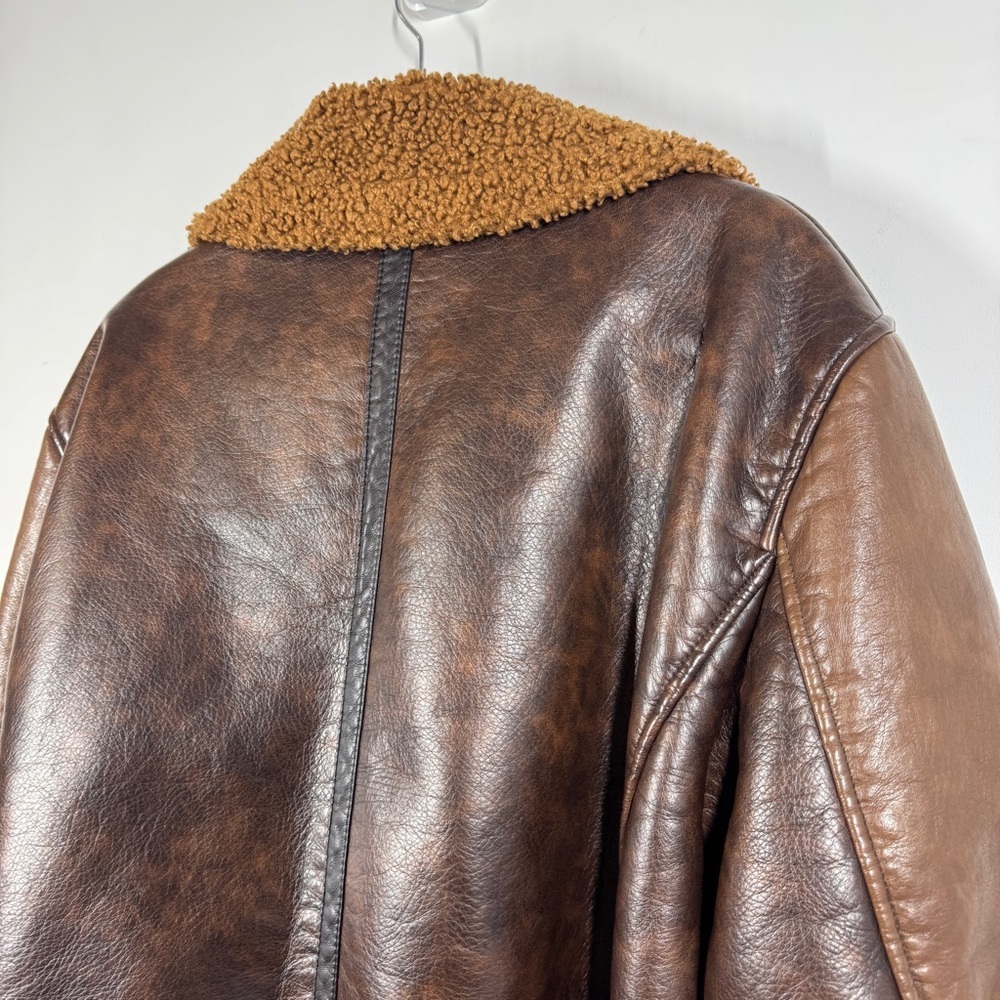 Zara Brown Faux Leather Shearling Jacket Size XL Aviator Biker Cozy Core - Picture 9 of 14